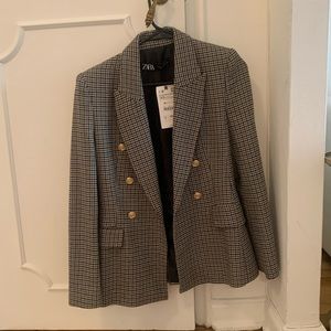 NWT Zara double breasted plaid houndstooth XS blazer with gold buttons